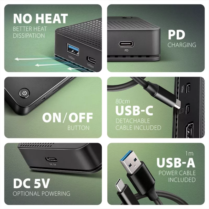Dock USB4 Axagon HMC-U4, 3x USB-A, 2x USB-C, HDMI y DP 8K/30Hz, RJ-45, SD/mSD, audio, PD 100W