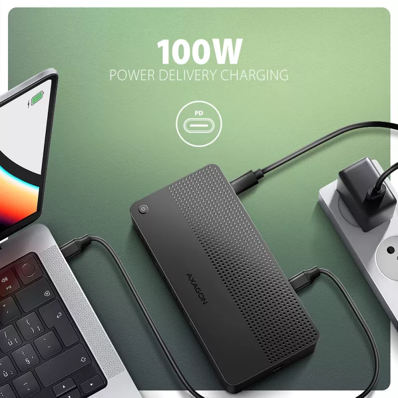 Dock USB4 Axagon HMC-U4, 3x USB-A, 2x USB-C, HDMI y DP 8K/30Hz, RJ-45, SD/mSD, audio, PD 100W