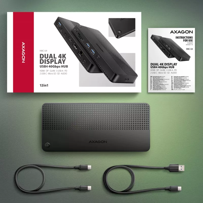 Dock USB4 Axagon HMC-U4, 3x USB-A, 2x USB-C, HDMI y DP 8K/30Hz, RJ-45, SD/mSD, audio, PD 100W