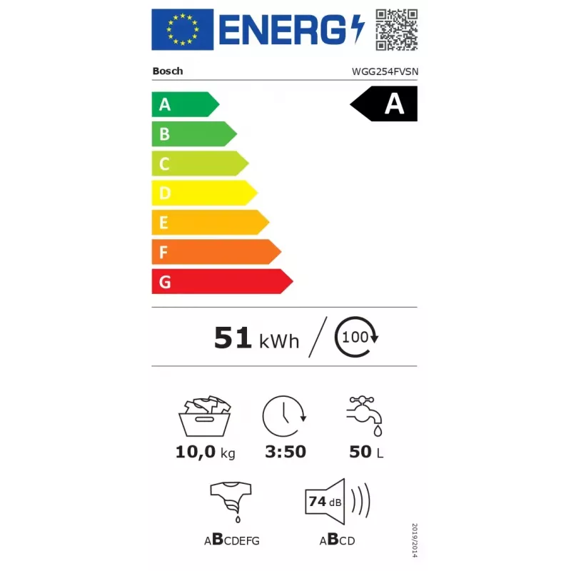 Lavadora de carga frontal Bosch WGG254FVSN — capacidad 10 kg, clase energética A, 1400 rpm, indicador LED, función vapor