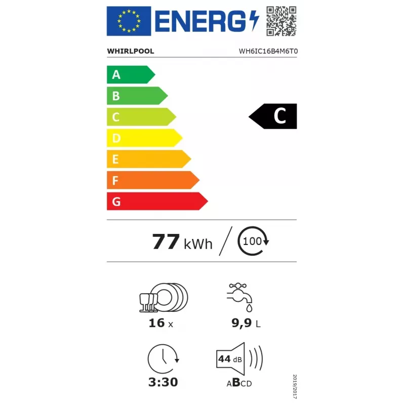 Lavavajillas integrable Whirlpool WH6IC16B4M6T0, 16 cubiertos, 44 dB