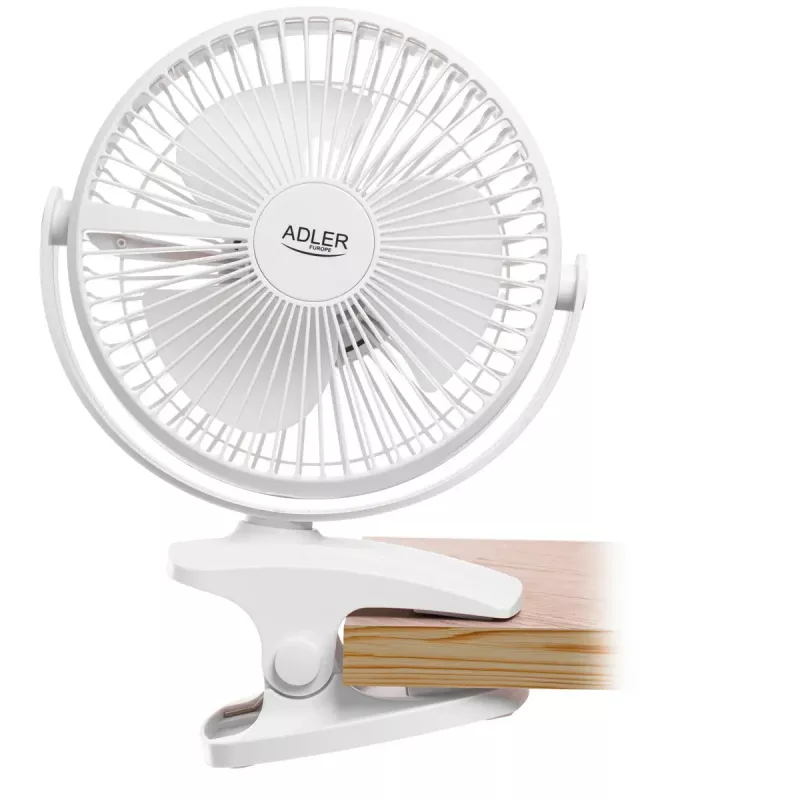 Ventilador de pinza recargable Adler AD 7342 — 15,5 cm, 3 velocidades, oscilación, 5 W