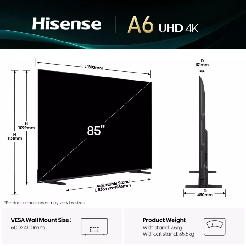 Hisense 85A6Q 85" (216 cm) 4K Ultra HD Smart TV, VIDAA, Dolby Vision, Wi-Fi, negro