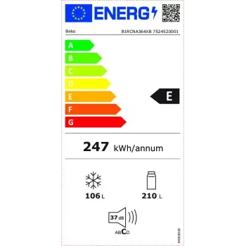 Frigorífico BEKO B1RCNA364XB — 316 L total, frigorífico 210 L, congelador 106 L, No Frost, bisagra derecha