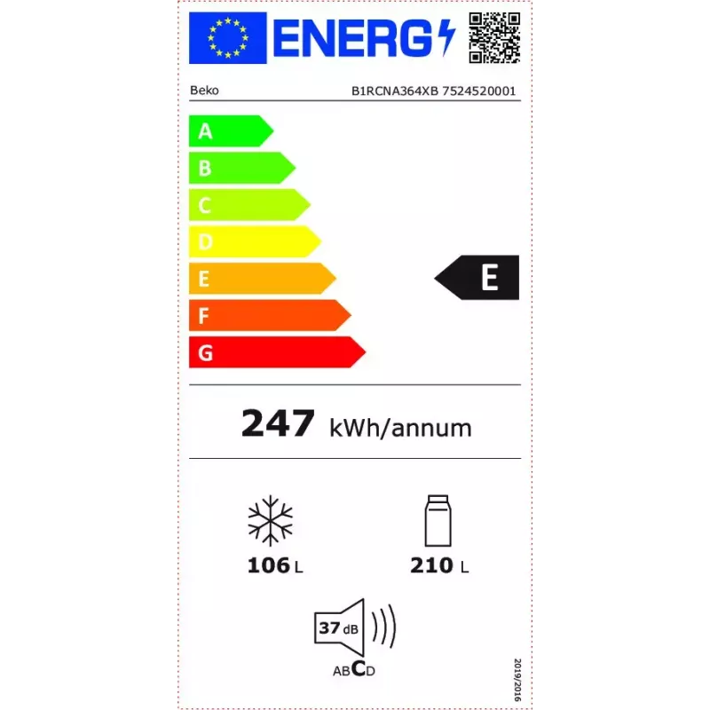 Frigorífico BEKO B1RCNA364XB — 316 L total, frigorífico 210 L, congelador 106 L, No Frost, bisagra derecha