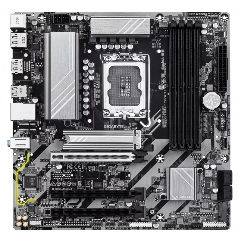 Placa base GIGABYTE B860M DS3H - CPUs Intel Core Ultra Series, VRM de fases 5+1+2+1, hasta 9066MHz DDR5, 1xPCIe 5.0 + 1xPCIe 4.0 M.2, 2.5GbE LAN, USB 3.2 Gen 2