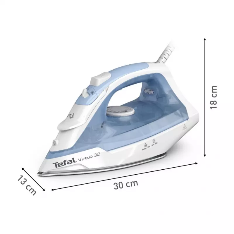 Plancha Tefal Virtuo 30 FV2C41E0 plancha seca y de vapor suela cerámica 2000 W azul, blanco