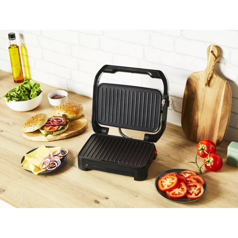 Parrilla de contacto Tefal Inicio Compact GC270D10 — rectangular 1000 W, rejilla superior, negra/acero inoxidable