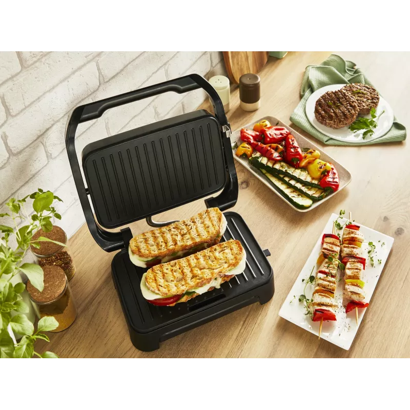 Parrilla de contacto Tefal Inicio Compact GC270D10 — rectangular 1000 W, rejilla superior, negra/acero inoxidable