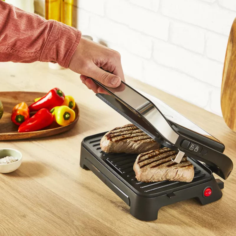 Parrilla de contacto Tefal Inicio Compact GC270D10 — rectangular 1000 W, rejilla superior, negra/acero inoxidable