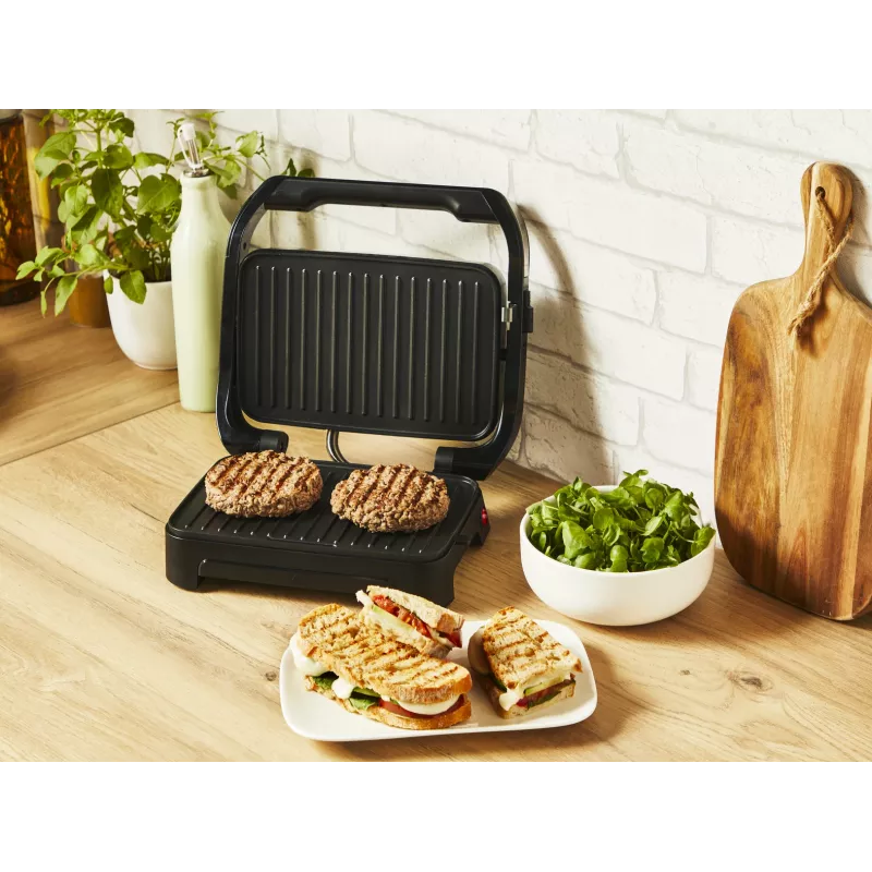 Parrilla de contacto Tefal Inicio Compact GC270D10 — rectangular 1000 W, rejilla superior, negra/acero inoxidable