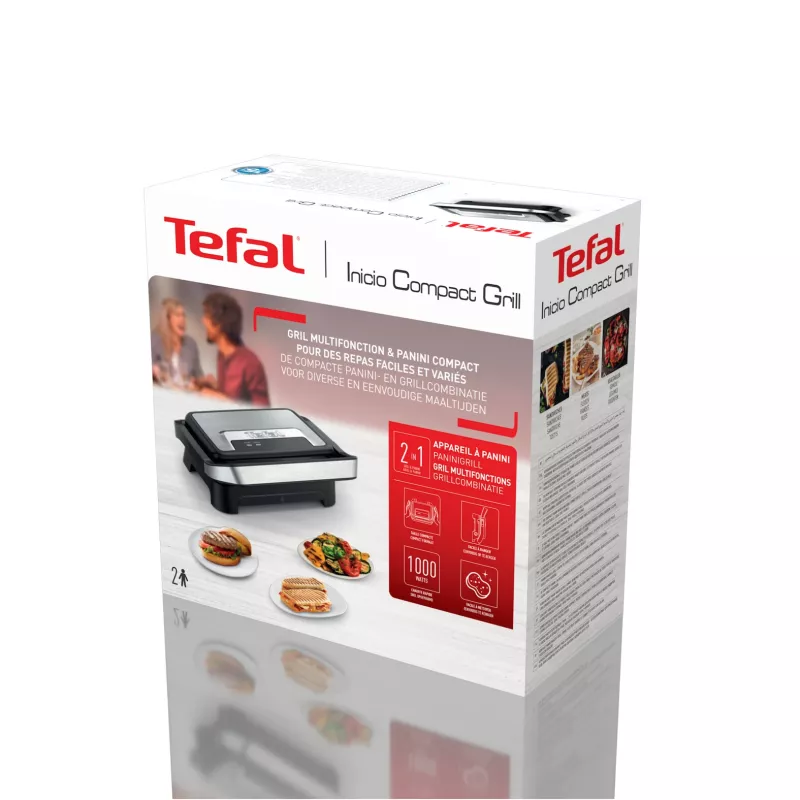Parrilla de contacto Tefal Inicio Compact GC270D10 — rectangular 1000 W, rejilla superior, negra/acero inoxidable