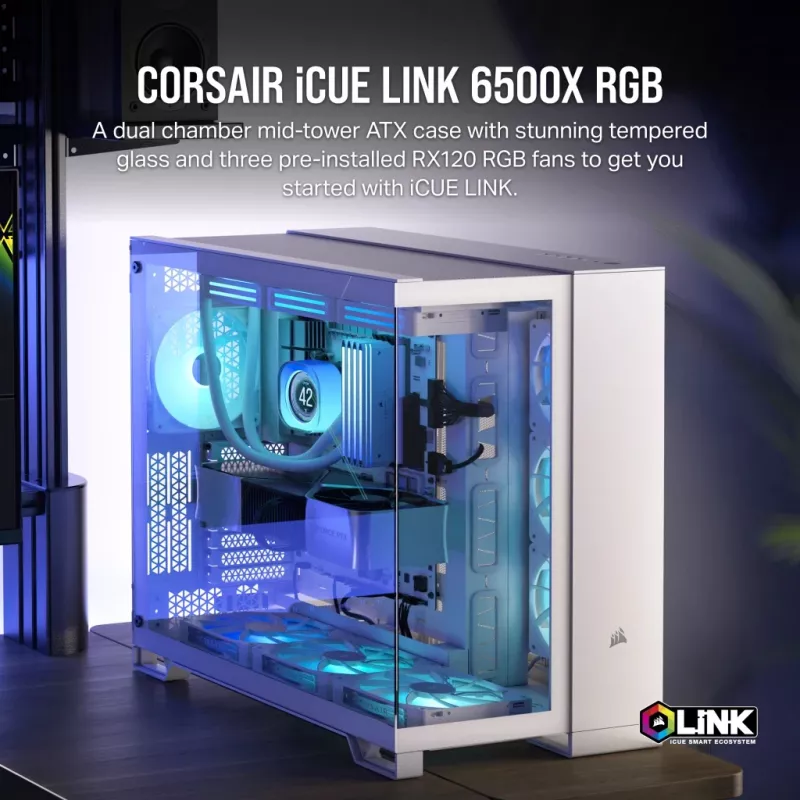 Caja de PC CORSAIR – iCUE LINK 6500X RGB semitorre de doble cámara Blanca