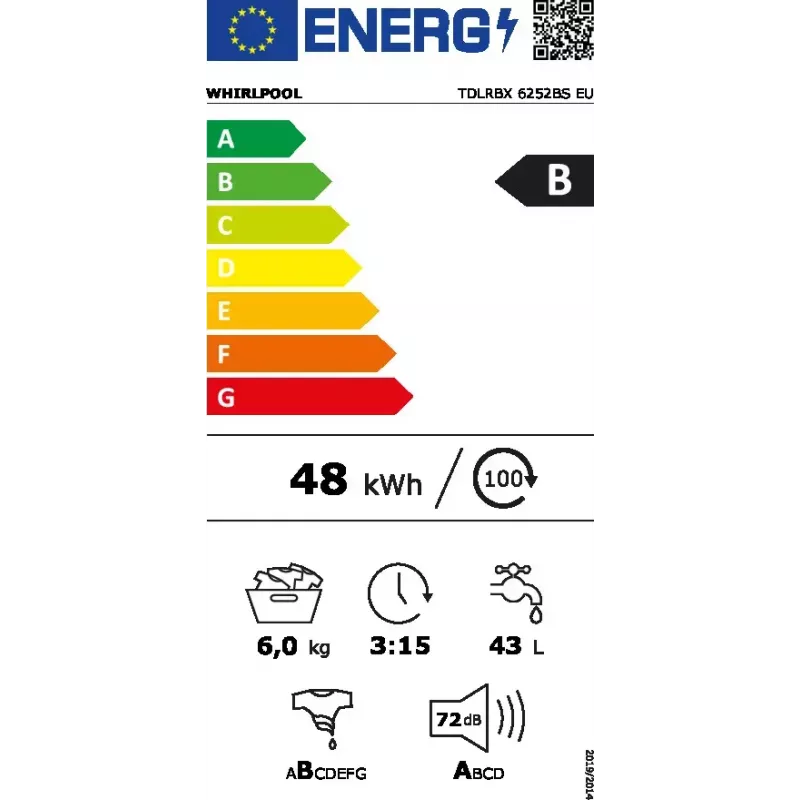 Lavadora de carga superior WHIRLPOOL TDLRBX 6252BS EU — 6 kg, 1200 rpm, clase de eficiencia energética B, 900×400×600 mm, blanco