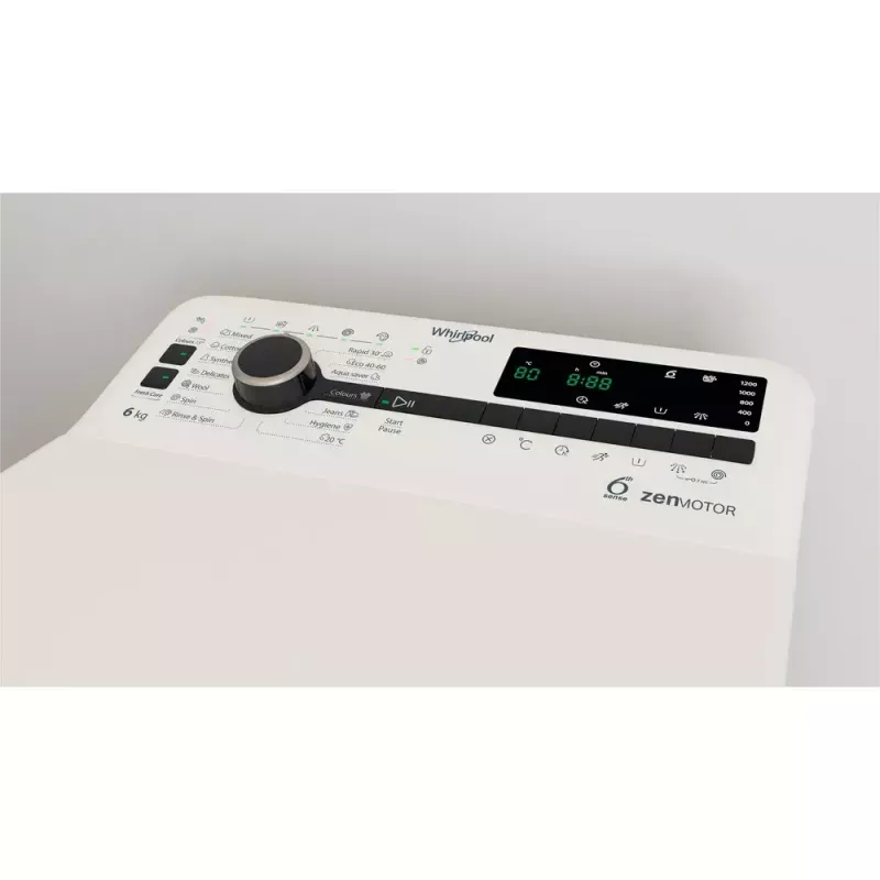Lavadora de carga superior WHIRLPOOL TDLRBX 6252BS EU — 6 kg, 1200 rpm, clase de eficiencia energética B, 900×400×600 mm, blanco