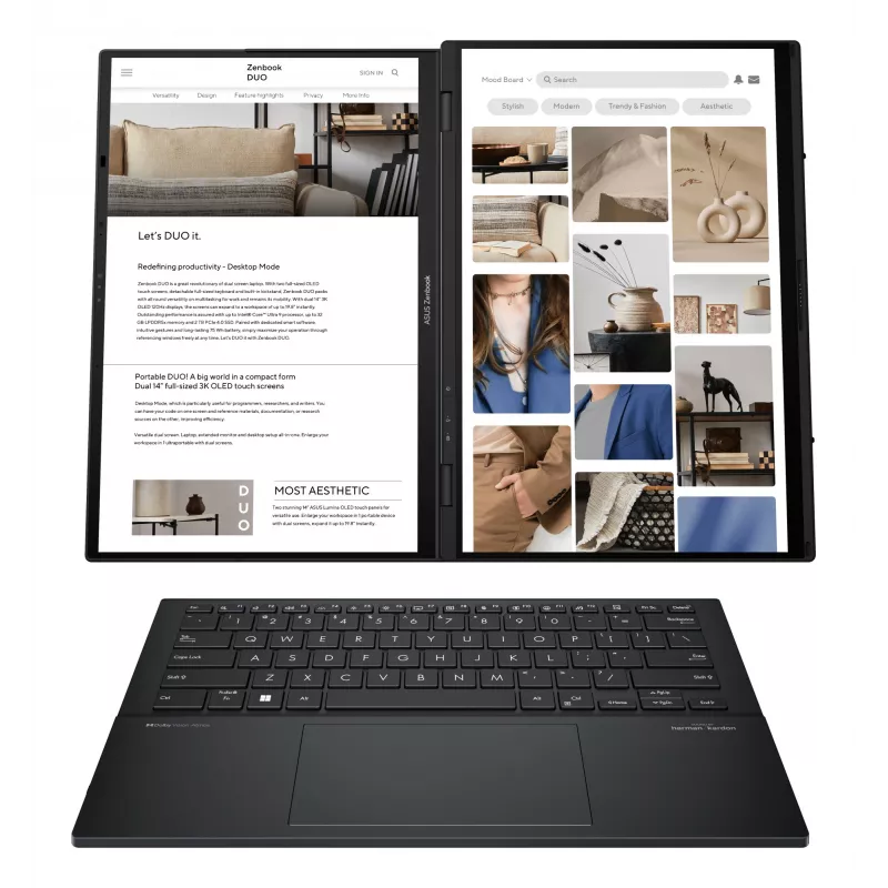 ASUS Zenbook Duo UX8406CA-PZ009W portátil 35,6 cm (14 pulgadas) OLED pantalla táctil 3K 2880x1800 Intel Core Ultra 9 285H 32 GB LPDDR5X 2 TB SSD Intel Arc Graphics Wi-Fi 7 (802.11be) Windows 11 Home Basalt Grey