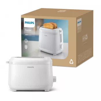 Tostadora Philips serie 3000, 2 rebanadas, blanca, metal, botones, mando giratorio, 900 W, 220-240 V