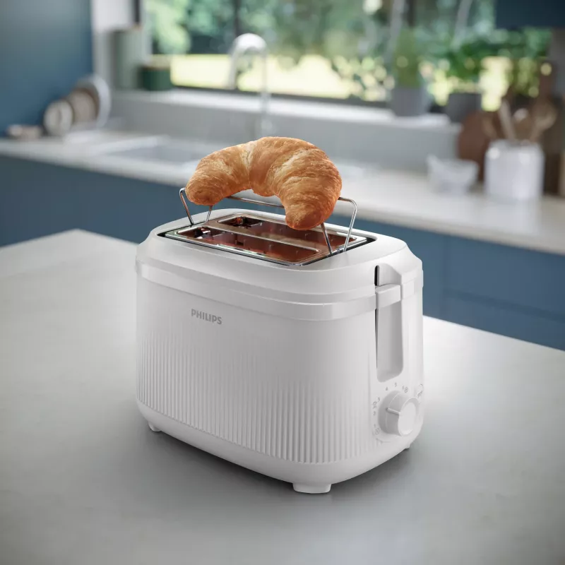 Tostadora Philips serie 3000, 2 rebanadas, blanca, metal, botones, mando giratorio, 900 W, 220-240 V