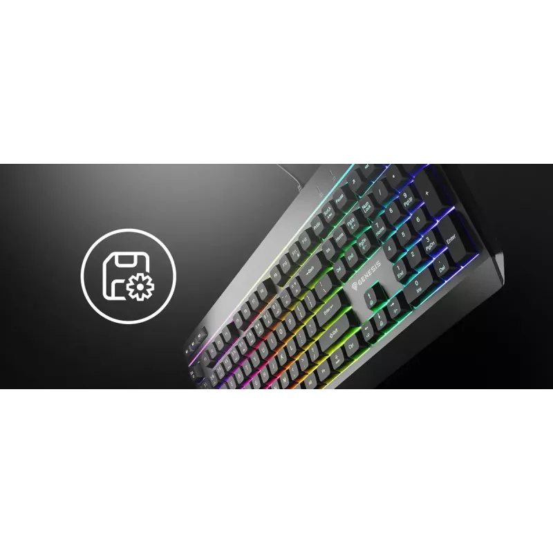 Teclado gaming con cable de tamaño completo Genesis Rhod 530, USB, QWERTY US, membrana, iluminación RGB, 114 teclas, cable de 1,8 m, negro