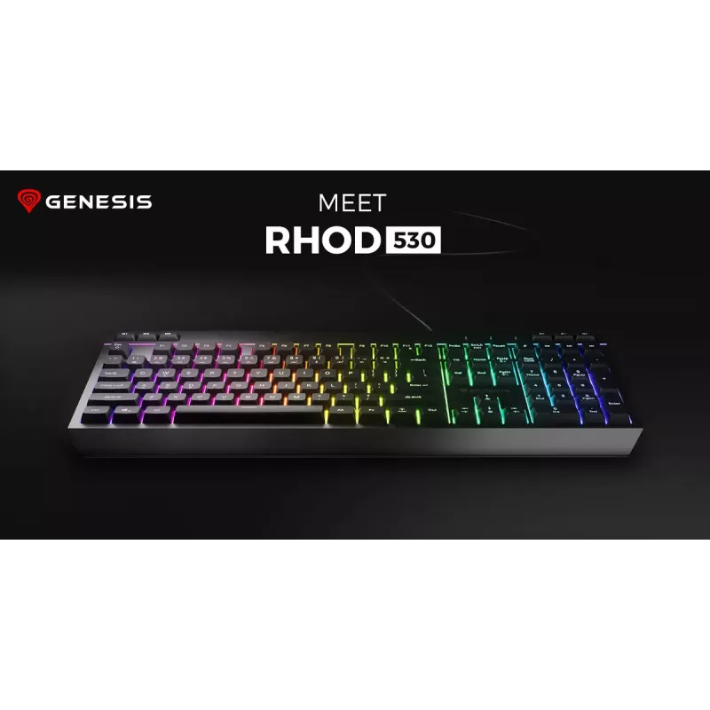 Teclado gaming con cable de tamaño completo Genesis Rhod 530, USB, QWERTY US, membrana, iluminación RGB, 114 teclas, cable de 1,8 m, negro