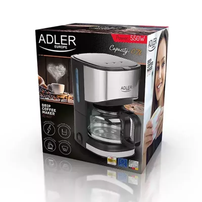 Cafetera de filtro Adler AD 4407, 550 W, jarra de 0,7 L, plata/negro, semiautomática