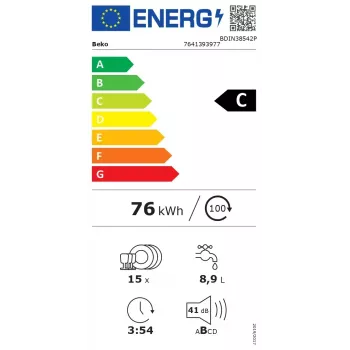 Lavavajillas BEKO | BDIN38542P | Integrable | Ancho 60 cm | Número de cubiertos 15 | Número de programas 8 | Clase de eficiencia energética C | Pantalla | Función AquaStop | Blanco