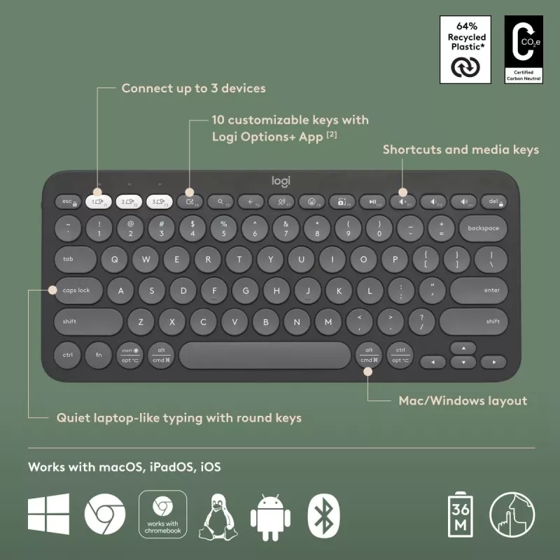 Teclado Logitech Pebble Keys 2 K380s Universal RF Wireless + Bluetooth QWERTY US International Grafito