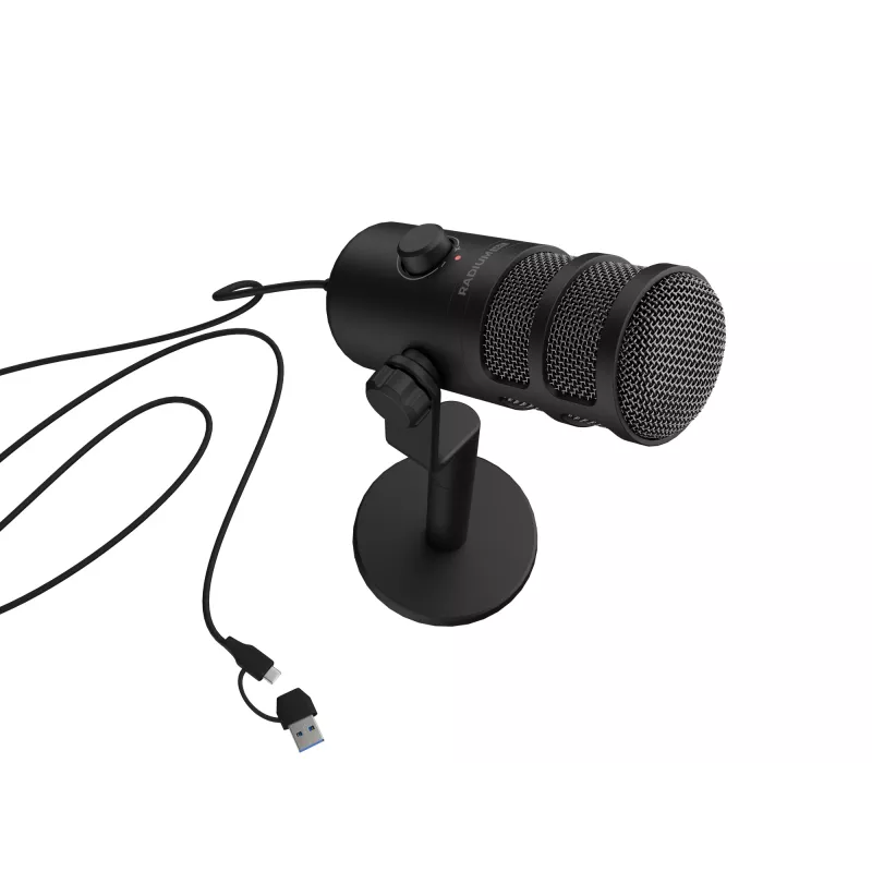 Micrófono para PC con cable GENESIS Radium 350D – USB Type-A/Type-C, sensibilidad -48 dB, 16–14.000 Hz, cable de 2,5 m, negro