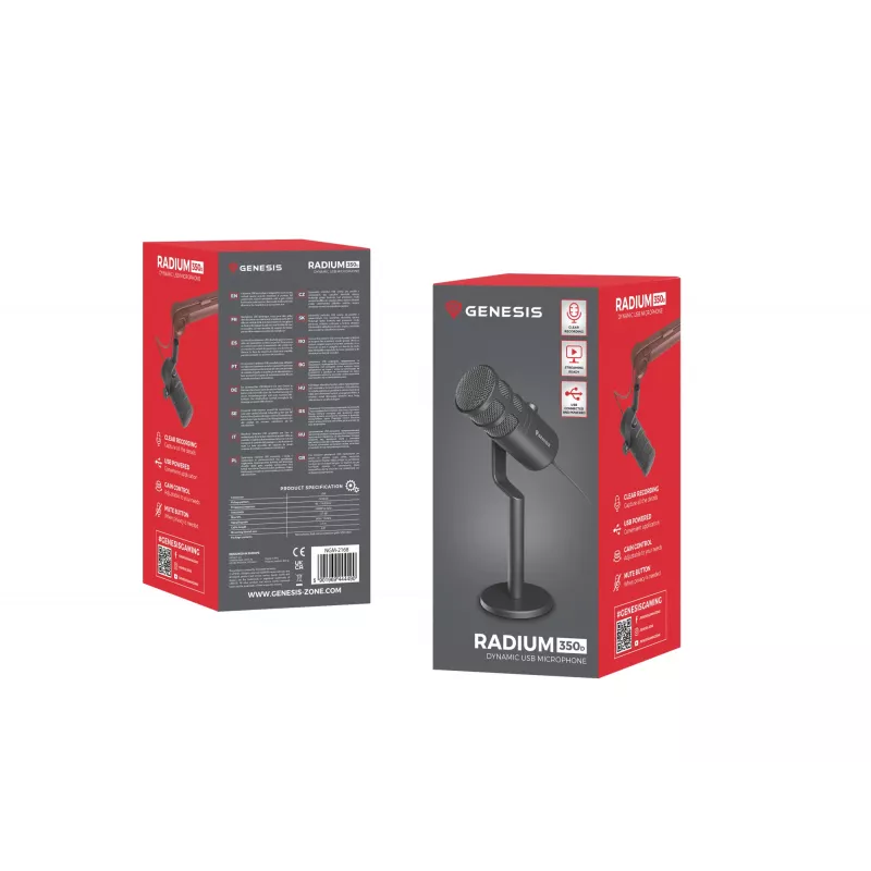 Micrófono para PC con cable GENESIS Radium 350D – USB Type-A/Type-C, sensibilidad -48 dB, 16–14.000 Hz, cable de 2,5 m, negro