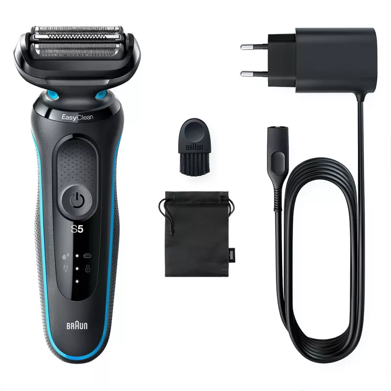 Máquina de afeitar de láminas BRAUN Series 5 51-M1000s — 3 cabezales, húmedo y seco, batería de Li-Ion, carga rápida, Negro/Azul