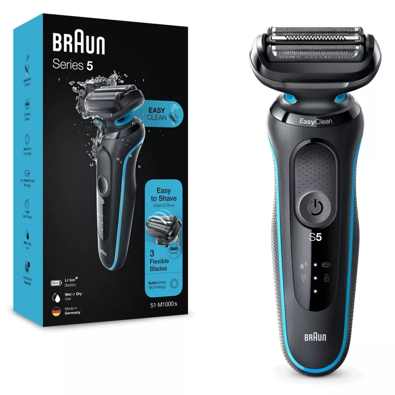 Máquina de afeitar de láminas BRAUN Series 5 51-M1000s — 3 cabezales, húmedo y seco, batería de Li-Ion, carga rápida, Negro/Azul