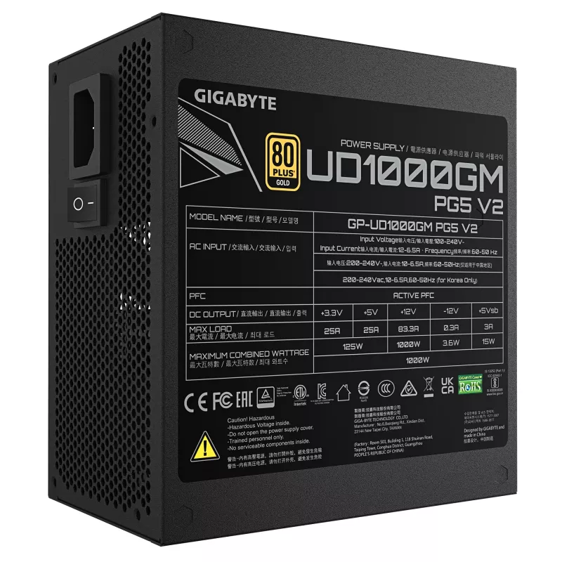 Fuente de alimentación GIGABYTE UD1000GM PG5 V2 – PCIe Gen 5.1, 80 PLUS Gold, diseño totalmente modular, ventilador de 120 mm, compatible con ATX 3.1, conector EU