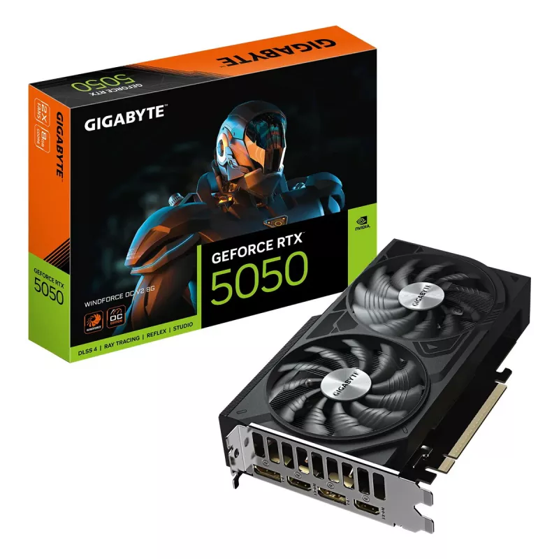 Tarjeta gráfica GIGABYTE GeForce RTX 5050 WINDFORCE OC V2 8G - 8GB GDDR6, 128bit, PCI-E 5.0, 2572MHz de frecuencia de núcleo, 2 x DP, 2 x HDMI, NVIDIA DLSS 4, GV-N5050WF2OCV2-8GD