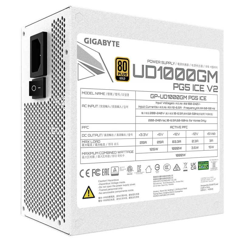 Fuente de alimentación GIGABYTE UD1000GM PG5 V2 1000W ATX 3.1 totalmente modular 80 PLUS Gold blanca