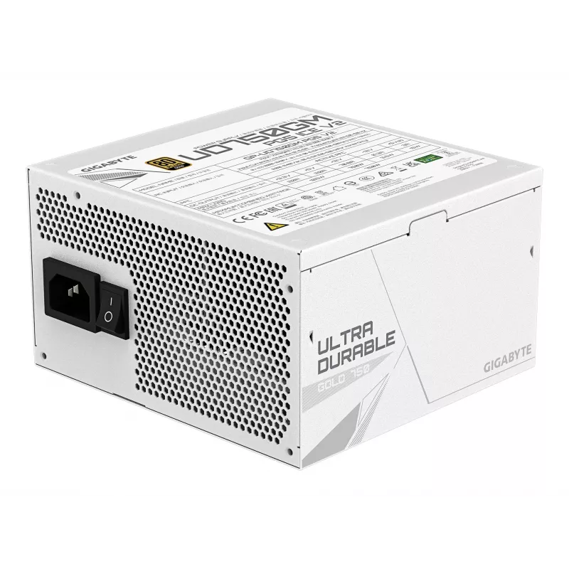 Fuente de alimentación GIGABYTE UD750GM PG5 V2 750W ATX 3.1, 80 PLUS Gold, totalmente modular, 8 SATA, 4x (6+2) PCIe, 2x EPS, blanca