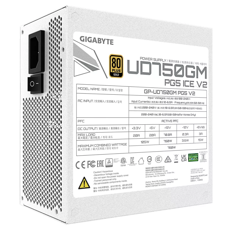 Fuente de alimentación GIGABYTE UD750GM PG5 V2 750W ATX 3.1, 80 PLUS Gold, totalmente modular, 8 SATA, 4x (6+2) PCIe, 2x EPS, blanca