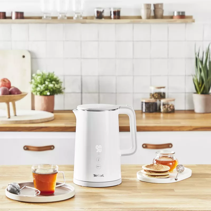 Hervidor eléctrico Tefal KO6931, 1,5 L, 1800 W, blanco, 5 ajustes de temperatura, función mantener caliente 30 min.