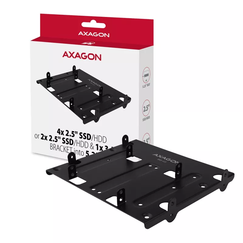 Soporte Axagon RHD-435 para 4x 2,5 pulgadas o 2x 2,5 pulgadas HDD/SSD y 1x 3,5 pulgadas HDD en bahía de 5,25 pulgadas, Metal
