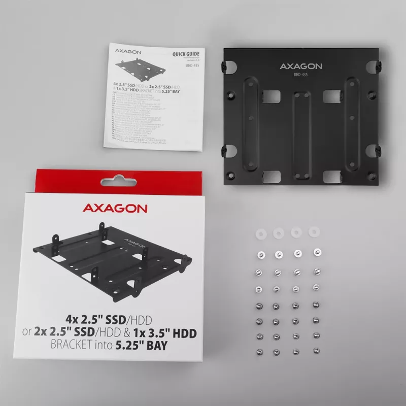 Soporte Axagon RHD-435 para 4x 2,5 pulgadas o 2x 2,5 pulgadas HDD/SSD y 1x 3,5 pulgadas HDD en bahía de 5,25 pulgadas, Metal