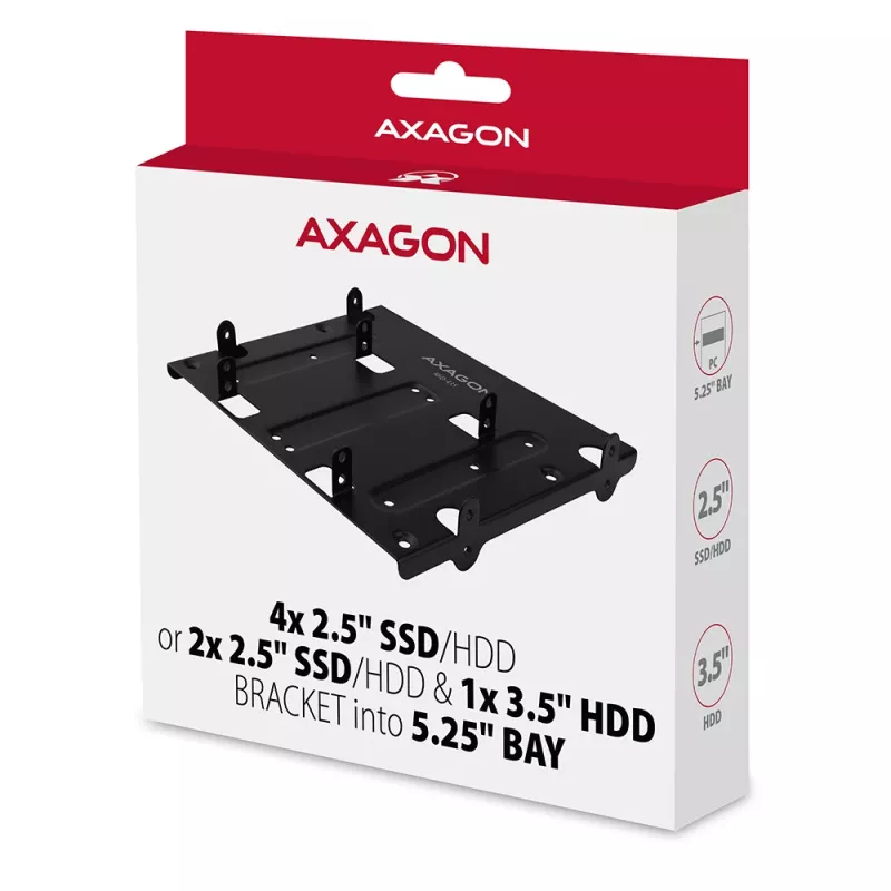 Soporte Axagon RHD-435 para 4x 2,5 pulgadas o 2x 2,5 pulgadas HDD/SSD y 1x 3,5 pulgadas HDD en bahía de 5,25 pulgadas, Metal