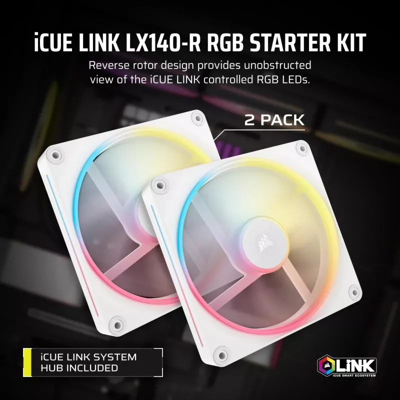 Kit de inicio de ventiladores CORSAIR Icue Link Lx140-r RGB 140mm PWM Reverse - blanco