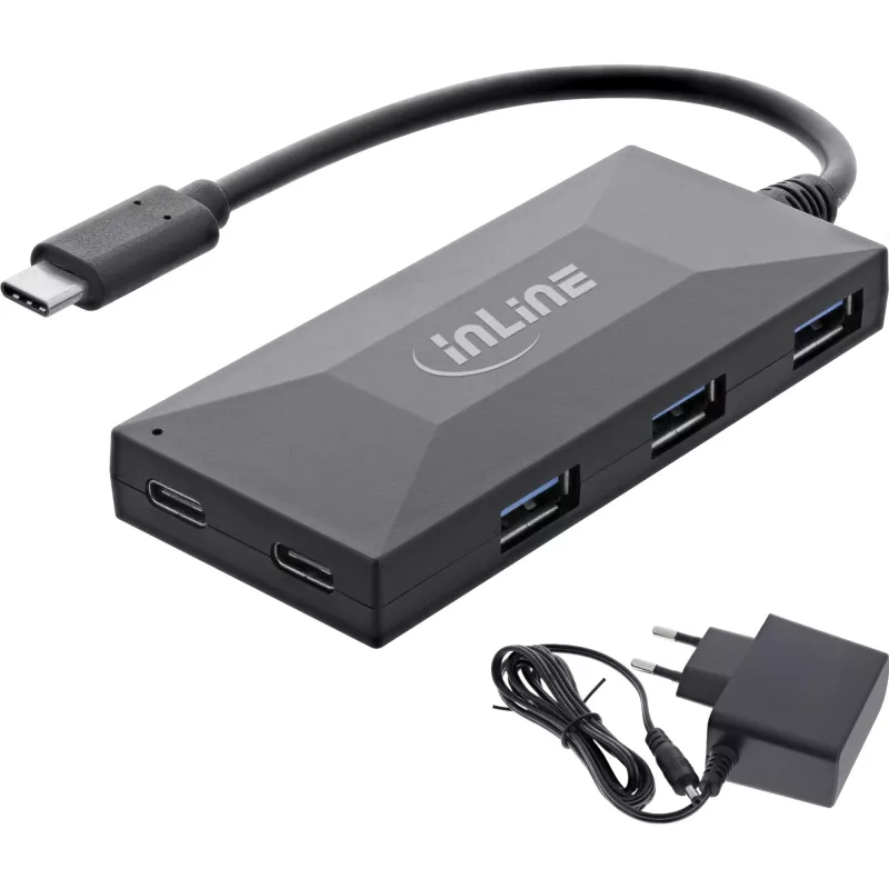 Hub InLine USB 3.2 Gen.1, USB-C a 2 puertos USB-C y 3 puertos USB-A, con fuente de alimentación