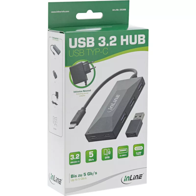 Hub InLine USB 3.2 Gen.1, USB-C a 2 puertos USB-C y 3 puertos USB-A, con fuente de alimentación