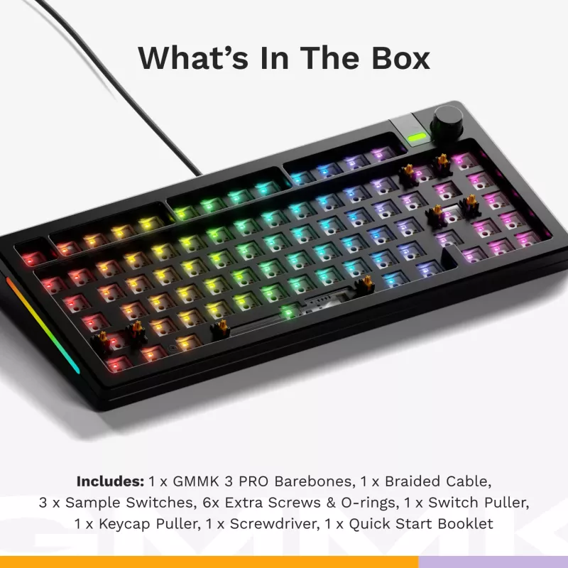 Glorious GMMK 3 Pro 75% teclado gaming barebone GLO-KB-GMMK3-PRO-75-BB-W-BLK-US, con cable, distribución ANSI US, negro
