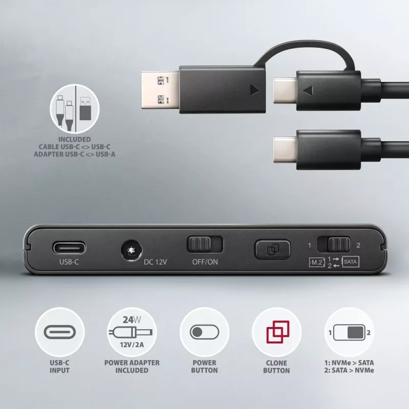 Clone Master USB-C Axagon ADSA-CC NVMe M.2 SSD y SATA HDD