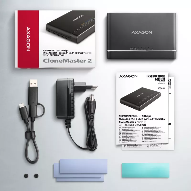 Clone Master USB-C Axagon ADSA-CC NVMe M.2 SSD y SATA HDD