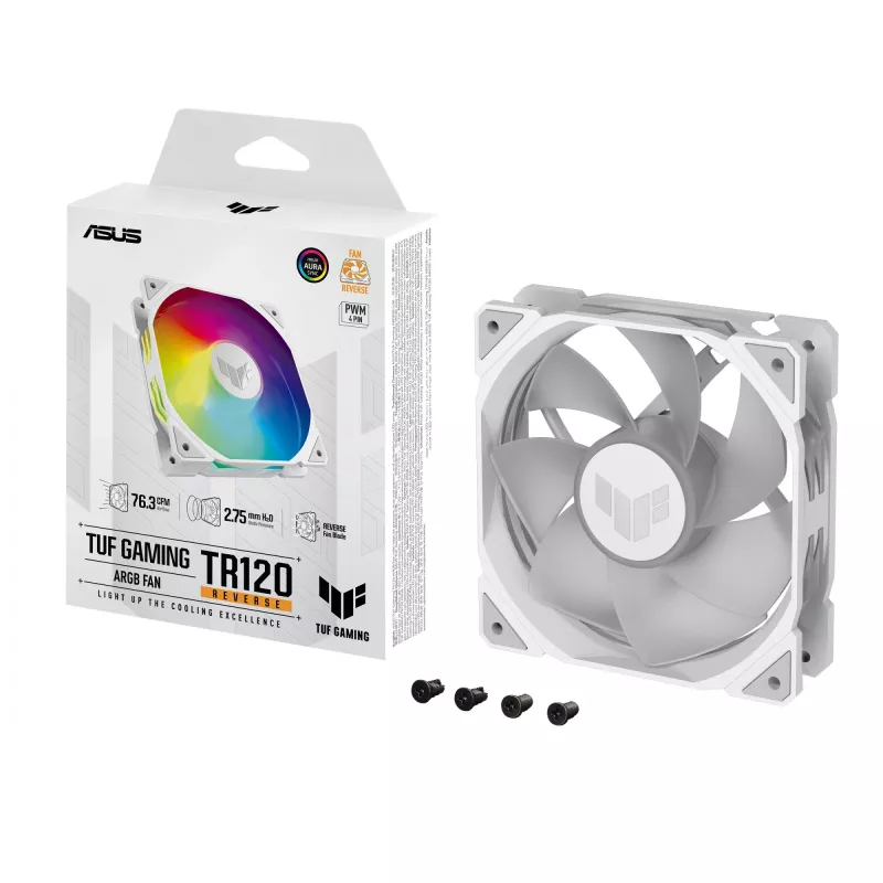 ASUS TUF GAMING TR120 ARGB REVERSE 120 mm 2000 RPM blanco, rodamiento hidráulico, 76.3 CFM