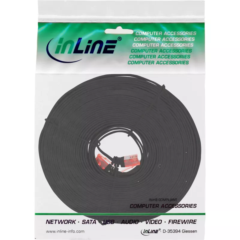 Cable de parcheo plano ultraslim InLine U/UTP Cat.6 compatible Gigabit negro 10 m