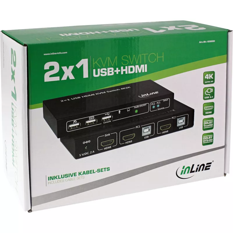 Conmutador KVM HDMI InLine 2x1, 2x1, HDMI 4K2K, hub USB 2.0, con audio