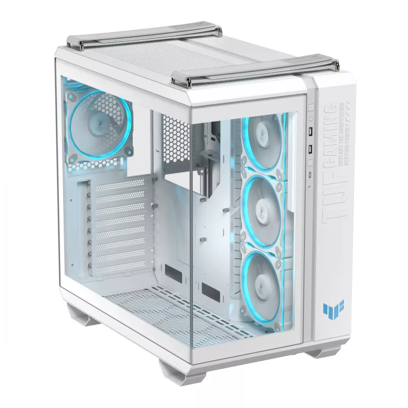 Caja de PC ASUS TUF GAMING GT502 Horizon TG ARGB Blanca — Semitorre, ATX, cristal templado, 4 bahías de 3,5 pulgadas, GPU máx. 400 mm